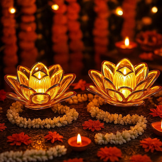 Golden Lotus LED Diya Lamp (Gold, White, Pack of 2)