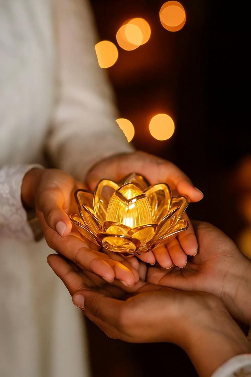 Golden Lotus LED Diya Lamp (Gold, White, Pack of 2)