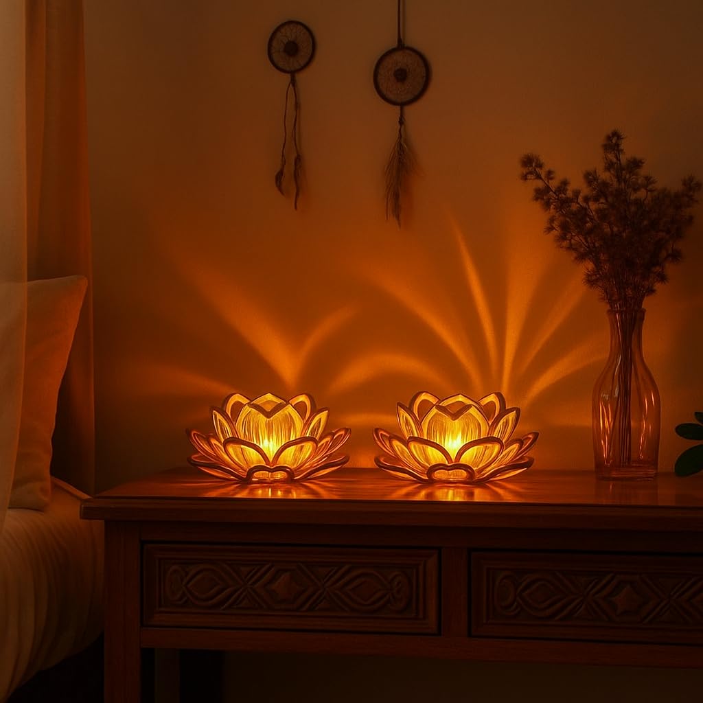 Golden Lotus LED Diya Lamp (Gold, White, Pack of 2)