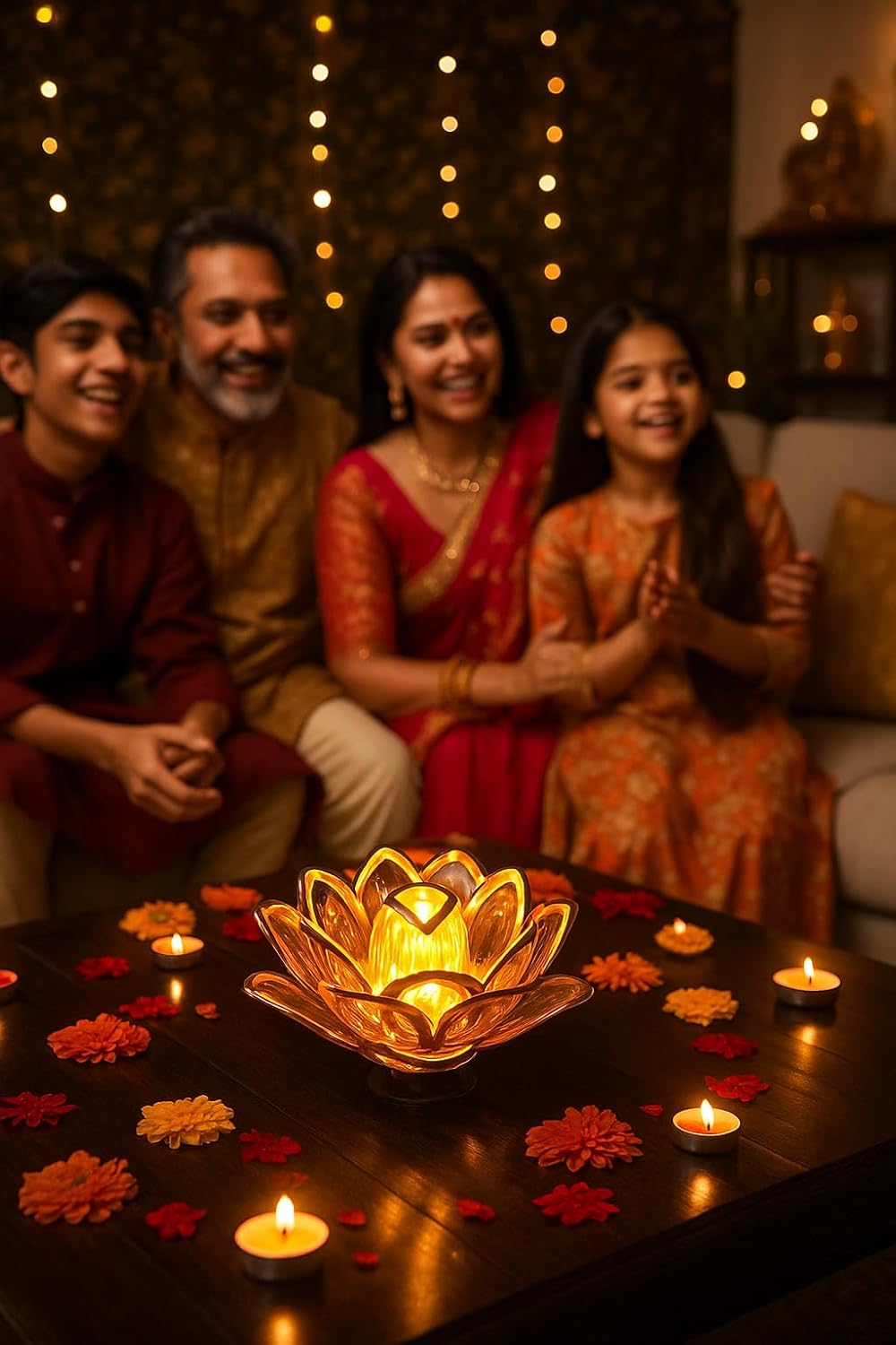 Golden Lotus LED Diya Lamp (Gold, White, Pack of 2)