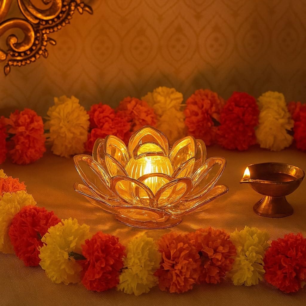 Golden Lotus LED Diya Lamp (Gold, White, Pack of 2)