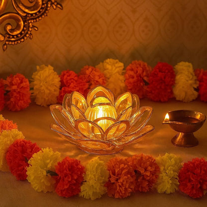 Golden Lotus LED Diya Lamp (Gold, White, Pack of 2)