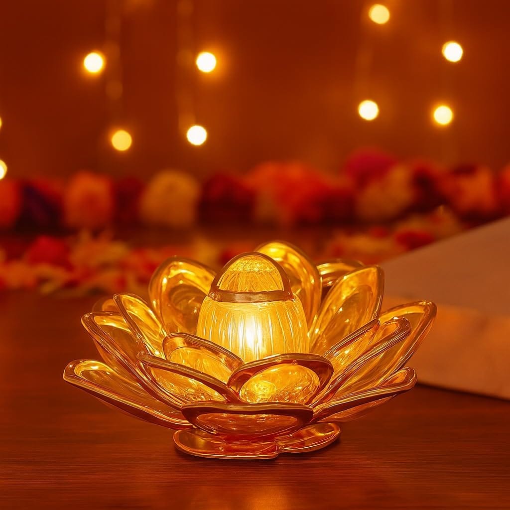 Golden Lotus LED Diya Lamp (Gold, White, Pack of 2)