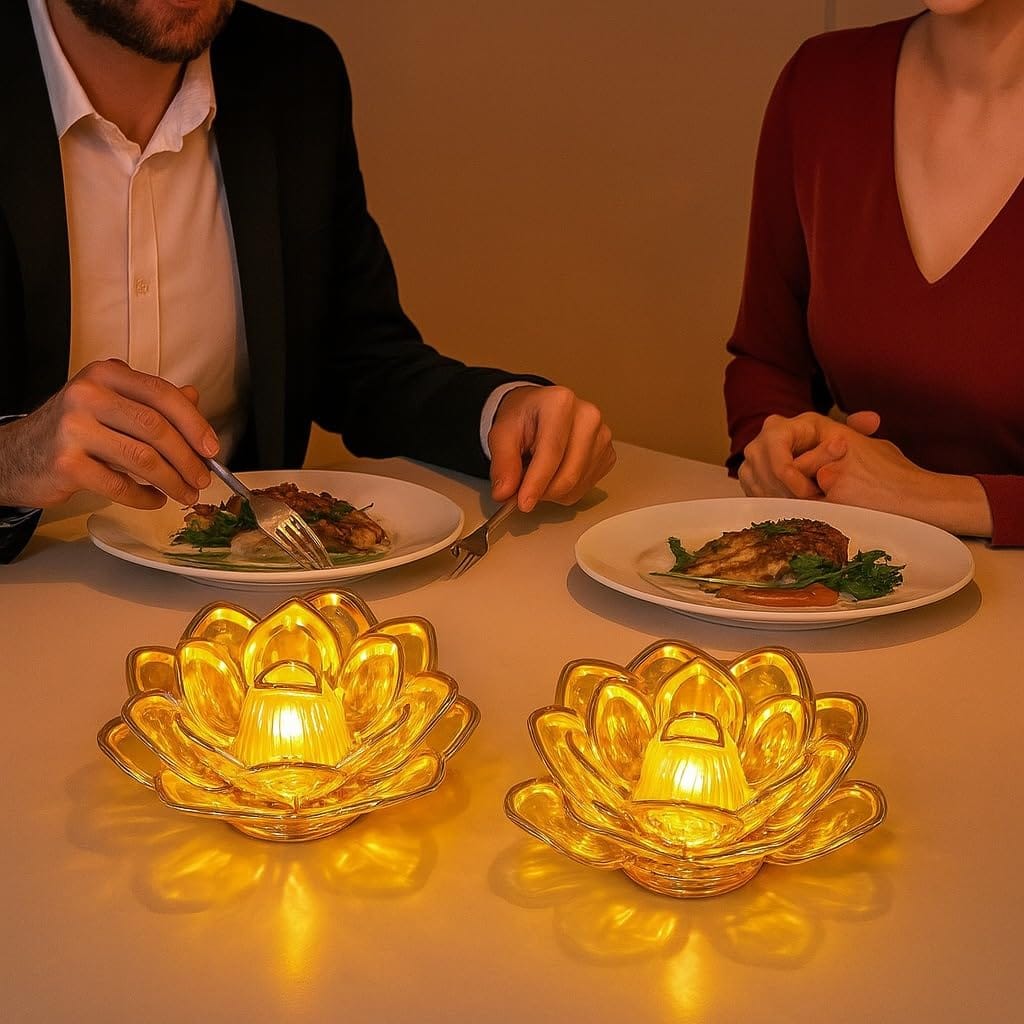 Golden Lotus LED Diya Lamp (Gold, White, Pack of 2)
