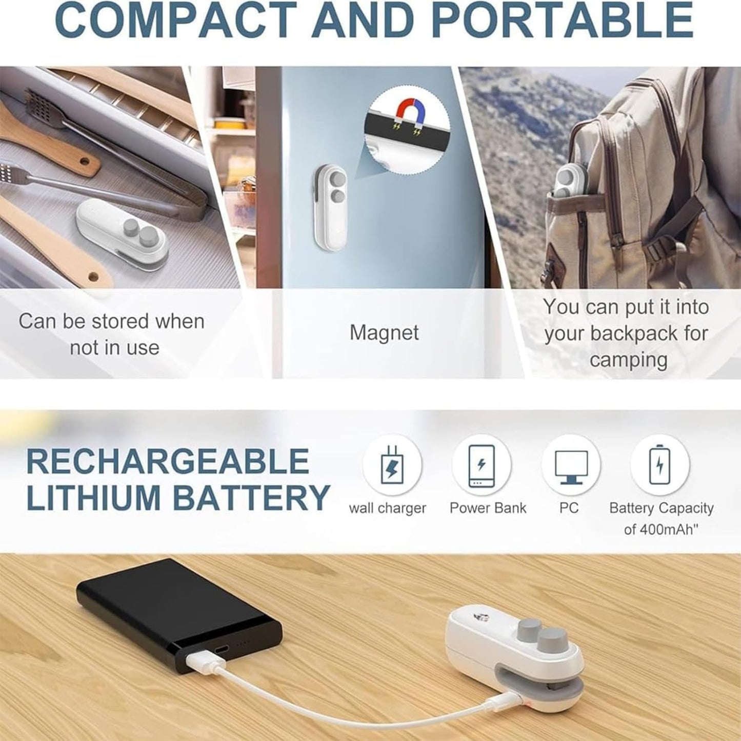 Advanced 2 in 1 USB Rechargeable Magnetic Heat Sealing Food, Snack, Chips, and Plastic Bags